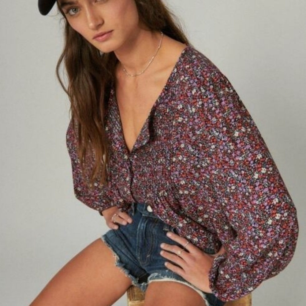 Lucky Brand Micro Floral Pintuck Popover Blouse Button Up Women's Small Boho